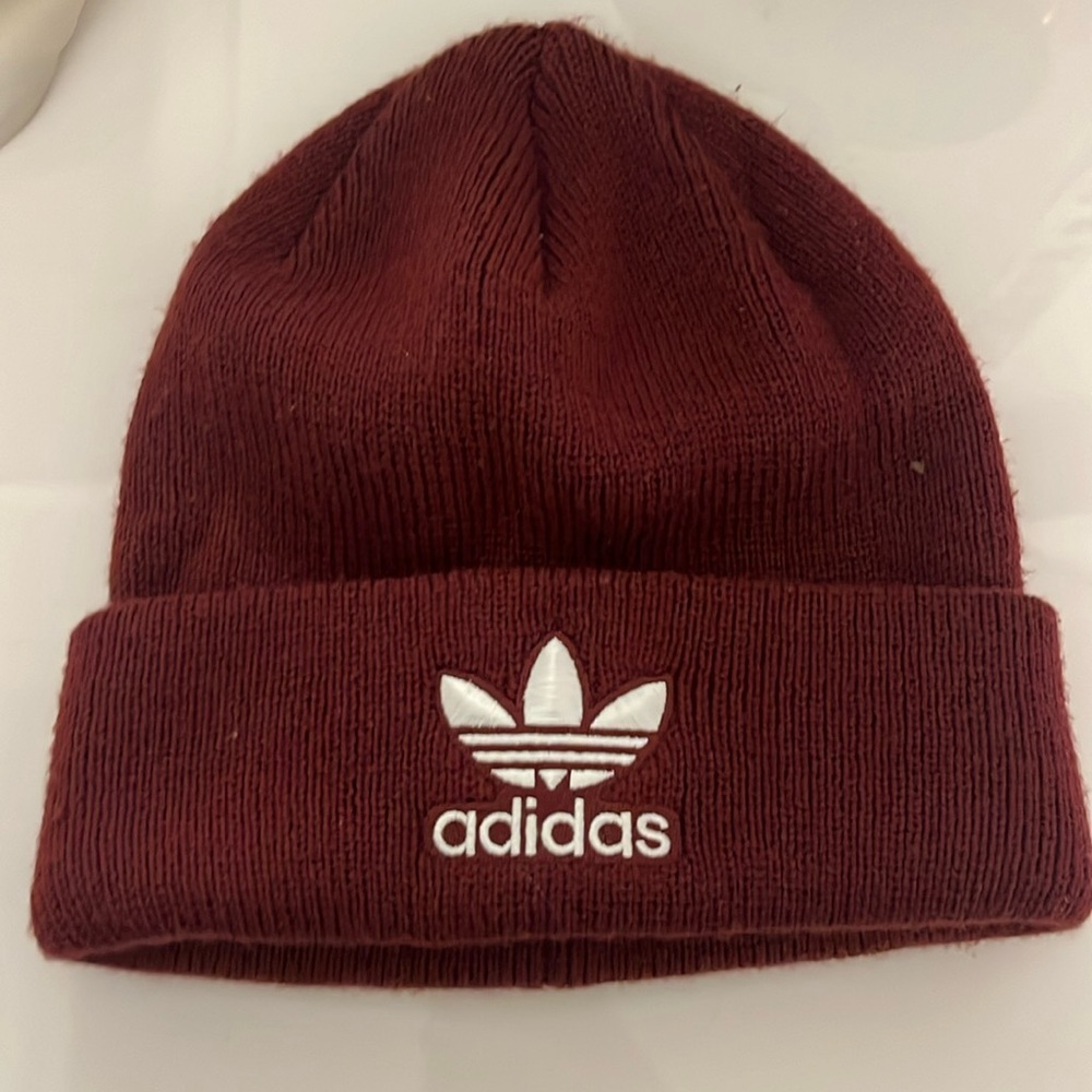 Adidas burgundy and white beanie